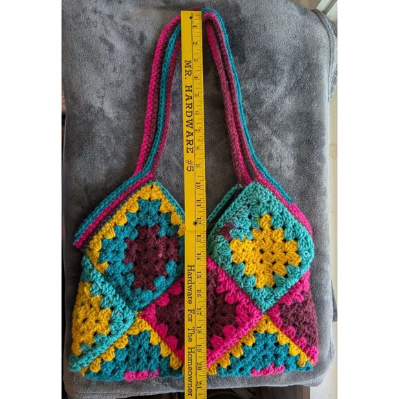 Handmade Multicolor Crochet Granny Square Lined Tote Bag With Patchwork Design - Picture 5 of 9
